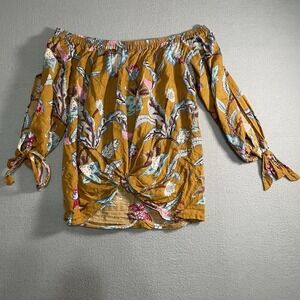 Hayden Los Angeles Off Shoulder Top Size Small 3/4 Sleeve Floral Gold Print